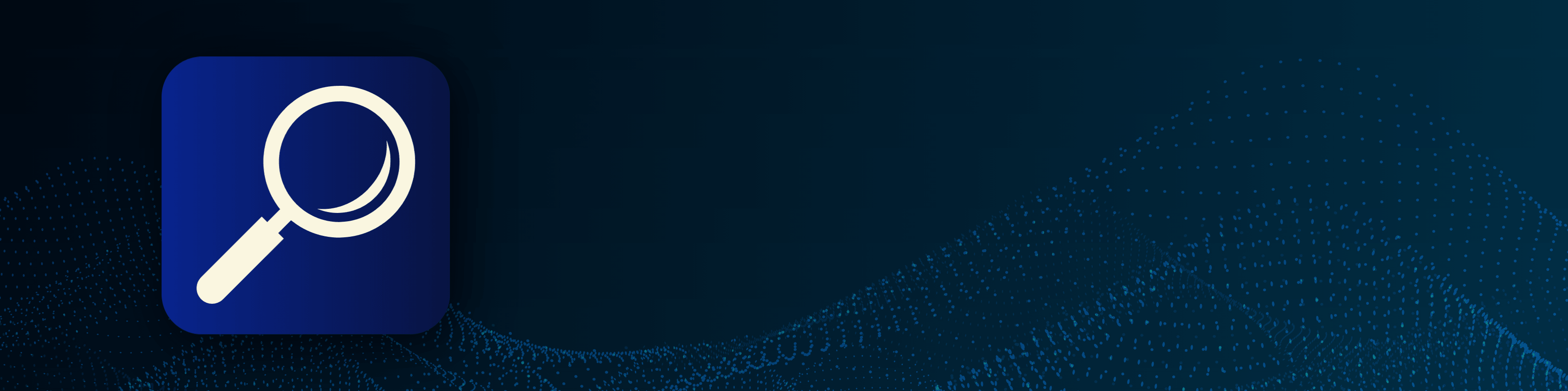 White magnifying glass icon on a blue rounded square, set against a dark navy background with flowing dotted wave patterns, suggesting search.